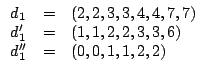 $\displaystyle \begin{array}{lcl}
d_1 & = & (2, 2, 3, 3, 4, 4, 7, 7) \\
d_1' & = & (1, 1, 2, 2, 3, 3, 6) \\
d_1'' & = & (0, 0, 1, 1, 2, 2)
\end{array}$