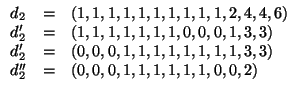 $\displaystyle \begin{array}{lcl}
d_2 & = & (1 , 1 , 1 , 1 , 1 , 1 , 1 , 1 , 1 ,...
...3) \\
d_2'' & = & (0 , 0 , 0 , 1 , 1 , 1 , 1 , 1 , 1 , 0 , 0 , 2)
\end{array}$
